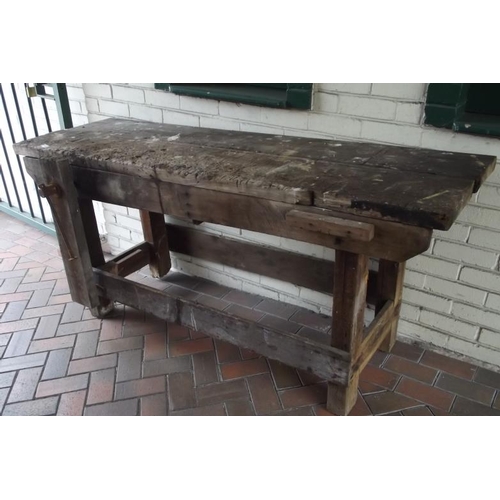 349 - Vintage wooden work-bench with vice.