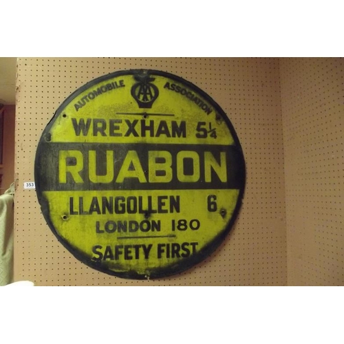 353 - Vintage enamel Automobile Association AA sign - Ruabon Village showing distance mileage to Wrexham, ... 