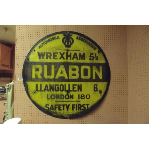 353 - Vintage enamel Automobile Association AA sign - Ruabon Village showing distance mileage to Wrexham, ... 