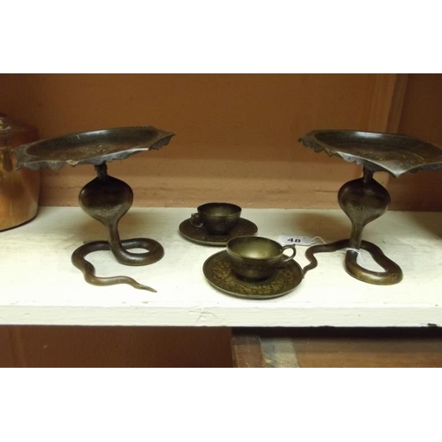 48 - Pair of Benares brass stands with 'cobra' bases, etc.