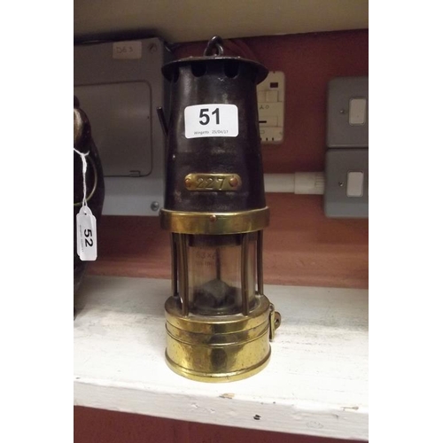 51 - Johnson, Clapham & Morris vintage brass and metal miner's lamp, no. 227.