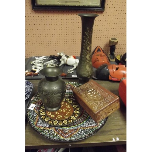 78 - Two decorated metal vases, carved wood box, etc.