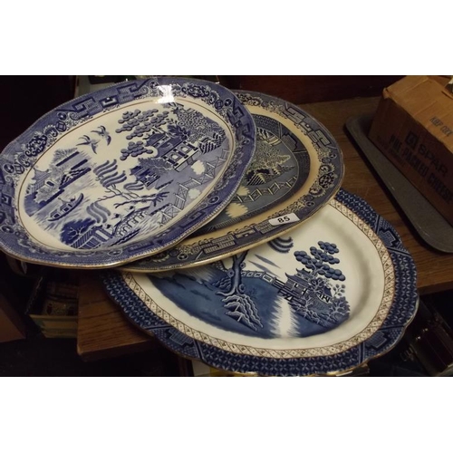 85 - Three willow pattern meat plates.