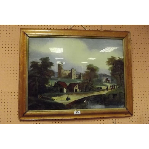 89 - Victorian reverse painting on glass - landscape with figures, in maple frame.