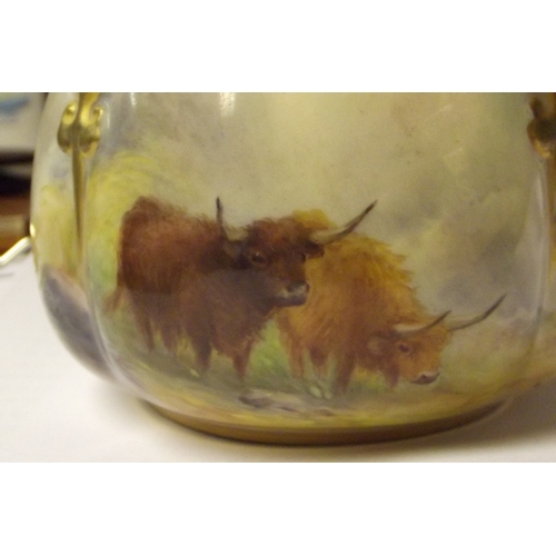17 - Royal Worcester squat vase, hand painted with Highland Cattle, signed H. Stinton, 3 in. high.
