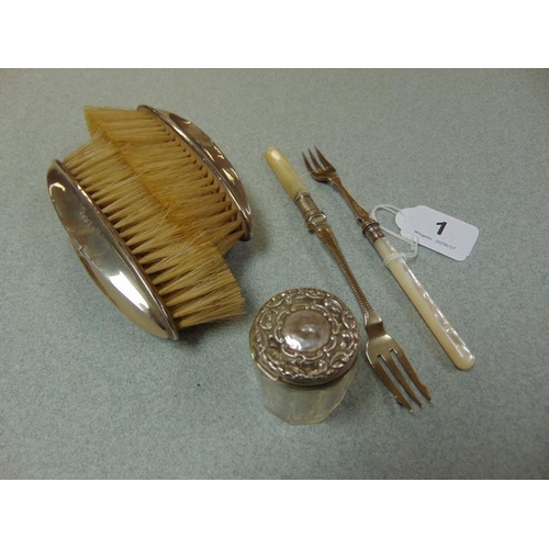 1 - Silver and mother-of-pearl pickle fork, Sheffield 1901, maker Atkin Brothers, one other pickle fork,... 