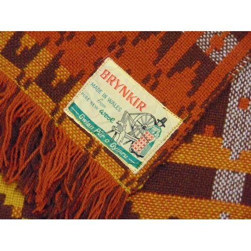 153 - Brynkir Welsh woollen blanket, orange/brown/yellow geometric pattern, fringed at two ends, approxima... 