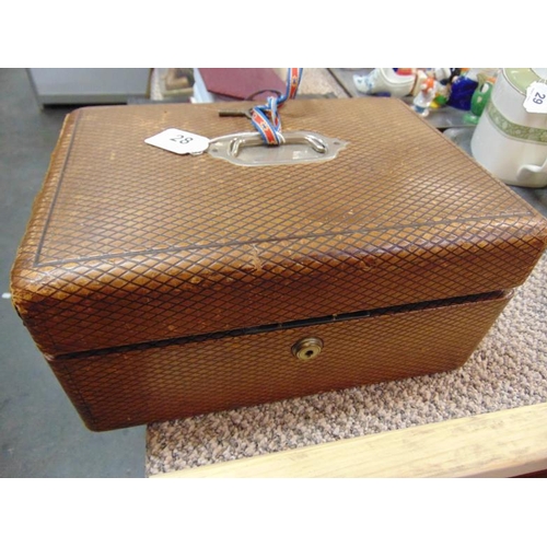 28 - Vintage leather trinket box and contents.