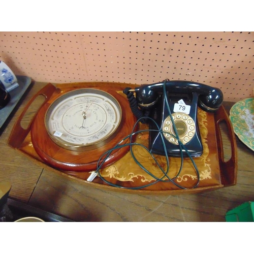 79 - Push button 'Classic' telephone, barometer, and an inlaid tea tray.