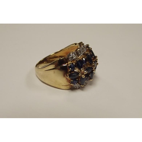 145 - 9 ct. yellow gold diamond and tanzanite ring, size M, 4.4 g.