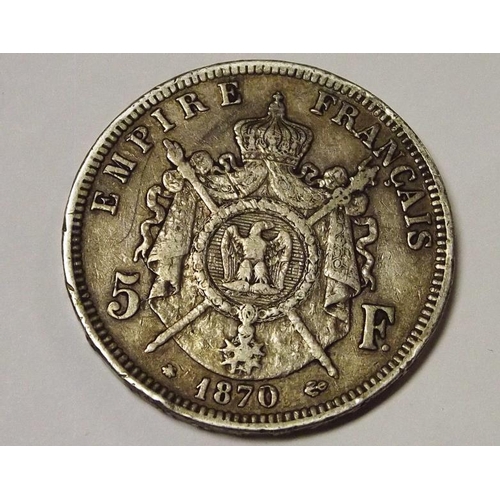 165 - 1870 French silver 5 Francs, Napoleon III.