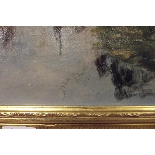 186 - R. Baillie, gilt framed oil painting on board - country scene, 15 in. x 19 in.