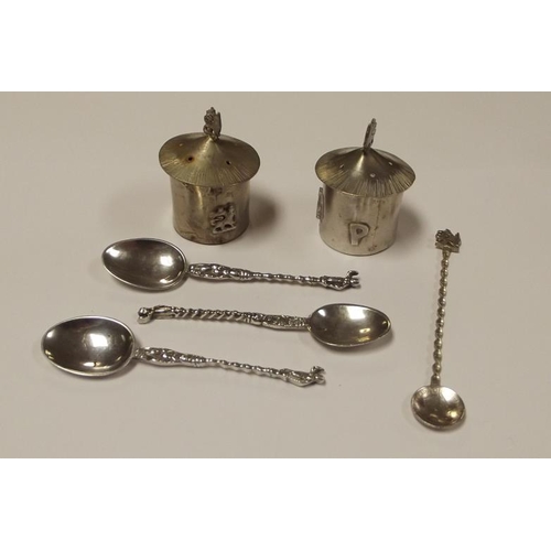 2 - Thai silver - salt and pepper pot and three teaspoons.