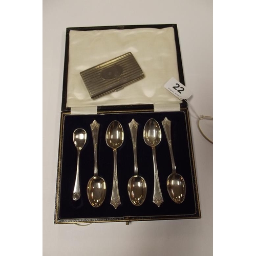 22 - White metal card case, and a cased set of five EPNS teaspoons, and a mustard spoon.