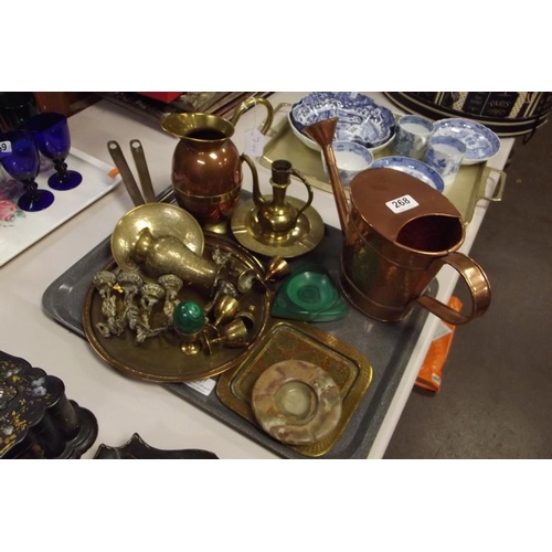 268 - Copper watering can, miniature brass figure, brass and copper jug, etc.