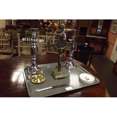 272 - Pair of plated candlesticks, crucifix, Royal Doulton pin tray, miniature brass chamberstick, and pew... 