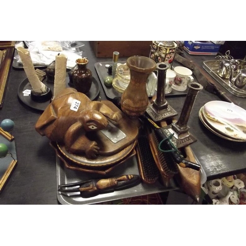 274 - Two wooden shuttles, frog figure, bowls, vase, etc.