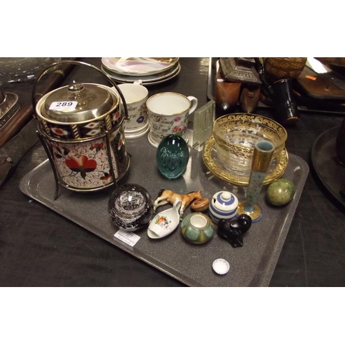 289 - Pair of antique commemorative tankards, two glass finger bowls, biscuit barrel, etc.