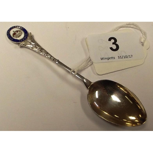 3 - Silver and enamel teaspoon, National Reserve, Birmingham 1915.