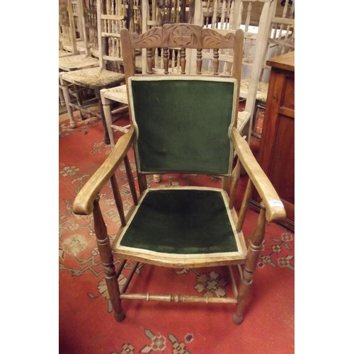 309 - Edwardian beech framed armchair, spindle gallery above upholstered back and seat set on turned suppo... 