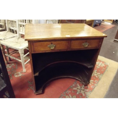 311 - An oak desk, rectangular top above pair of short drawers with metal handles, concave shelves, and on... 