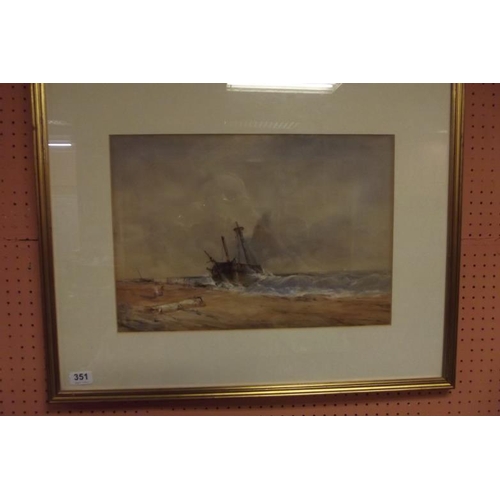 351 - Framed and glazed watercolour - sailing vessel aground the shore, 12.5 in. x 18 in.