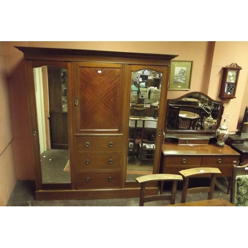 359 - Late 19th Century inlaid mahogany bedroom suite comprising triple-door wardrobe and mirror-back dres... 