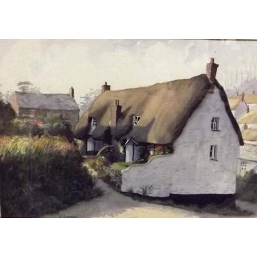 387 - R. Cummins, framed and glazed watercolour - country cottage, 9 in. x 13.5 in.