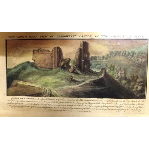 390 - Early hand coloured engraving by S & N. Buck, Caergwrley Castle, 1742, small collection of framed/un... 