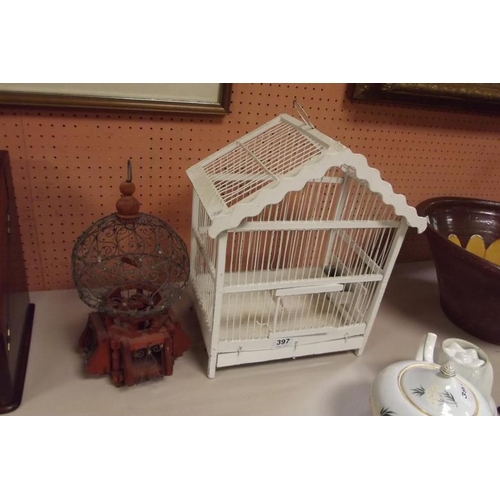 397 - Painted wooden bird cage, and one other.