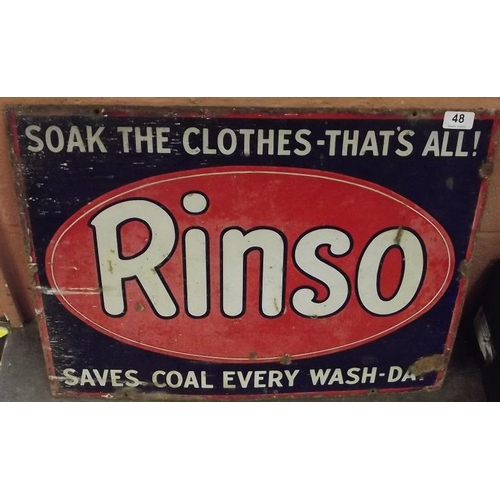 48 - Vintage enamel sign, Rinso, 24 in. x 18 in.