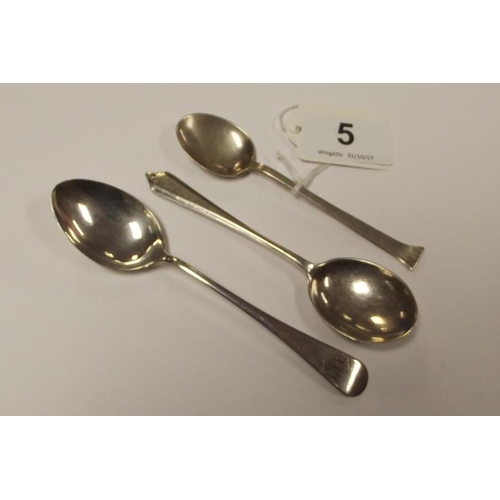 5 - Three various silver teaspoons.