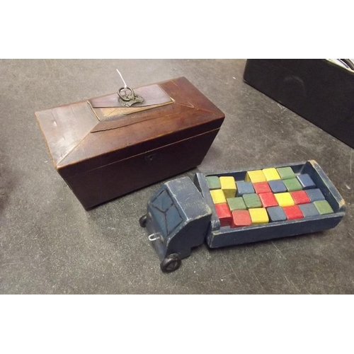 67 - Set of vintage wood building blocks, and a mahogany tea caddy.