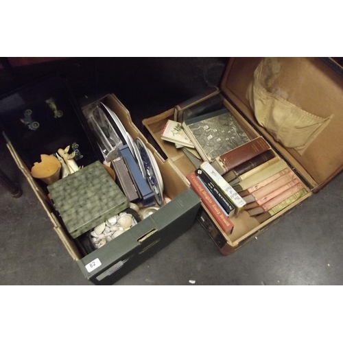 82 - Sundry items, vintage suitcase, books, etc.