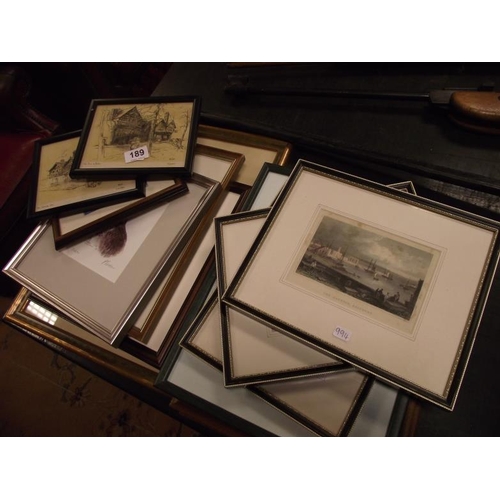 189 - Three antique black and white engravings, Anglesey, with other prints.