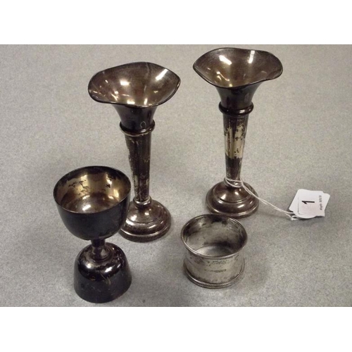 1 - Pair of silver trumpet form vases with wavy rims, filled bases, 5 in. high, silver napkin ring, Ches... 