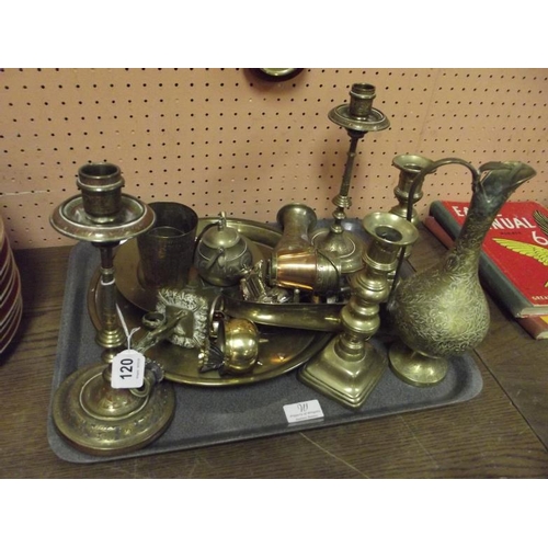 120 - Two pairs of brass candlesticks, brass dishes, etc.