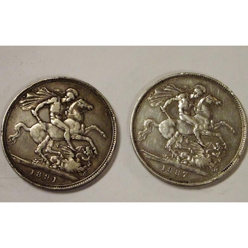 15 - Two Victorian silver Crowns - 1887 and 1891.