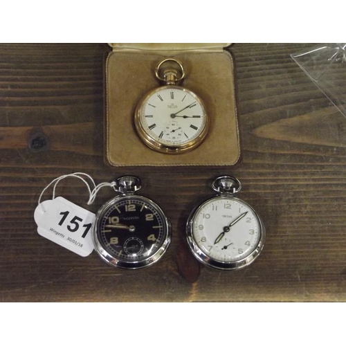 151 - Smiths gold plated pocket watch, and two others.