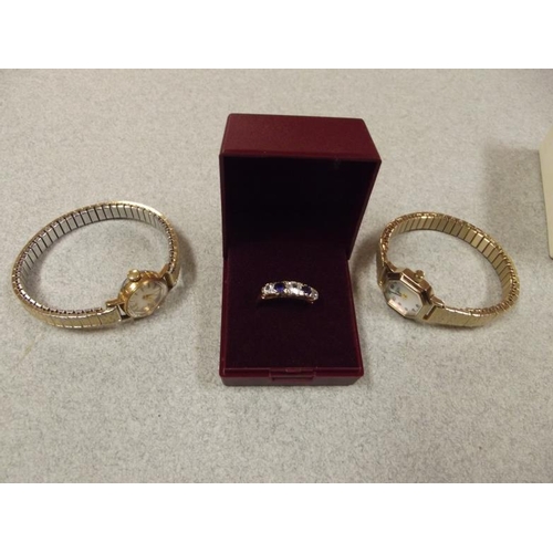 171 - 9 ct. gold sapphire rings, and two ladies wristwatches.