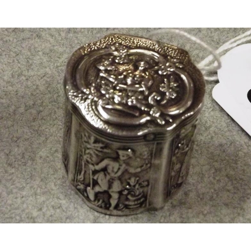 33 - Dutch white metal box, 1880, with embossed decoration, 1.25 in. high.