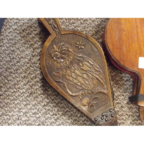 39 - Antique bellows, carved with owl to one side, motto opposite How Great A Matter A Little Fire Kindle... 