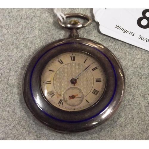 8 - Antique silver and blue enamel cased pocket watch, the back inscribed Christmas 1912.