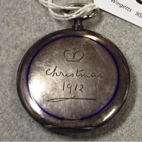8 - Antique silver and blue enamel cased pocket watch, the back inscribed Christmas 1912.