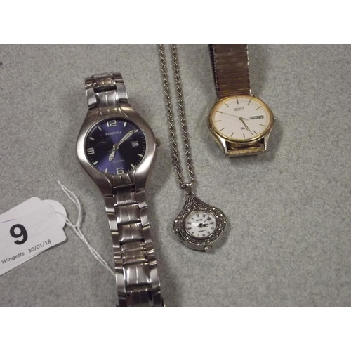 9 - Seiko gents wristwatch, Sekonda gents wristwatch, and a marcasite set pendant watch.