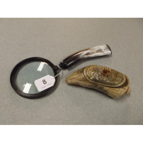 8 - 19th Century horn handled magnifying glass, and a reproduction scrimshaw box.