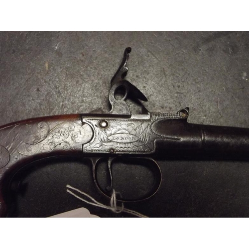 1 - 19th Century flintlock pocket pistol, scroll inlaid butt, screw-off barrel.