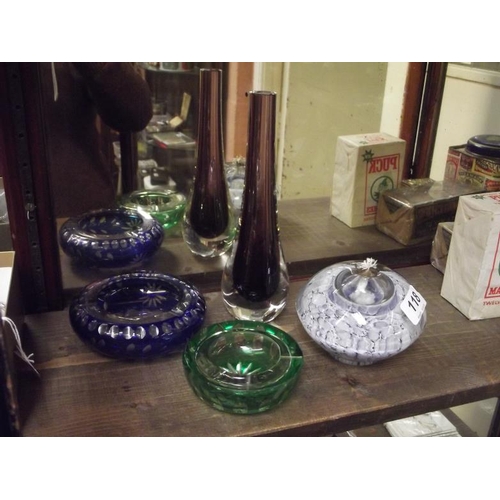 118 - Studio glass oil lamp, two overlaid studio glass ashtrays, and a similar vase.