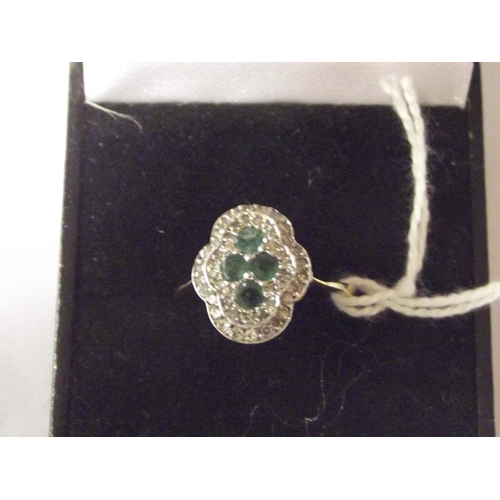 11A - Art Deco style emerald and diamond cluster ring, size M.