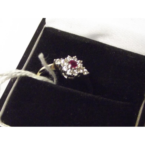 12A - Ruby and diamond cluster ring, size N.